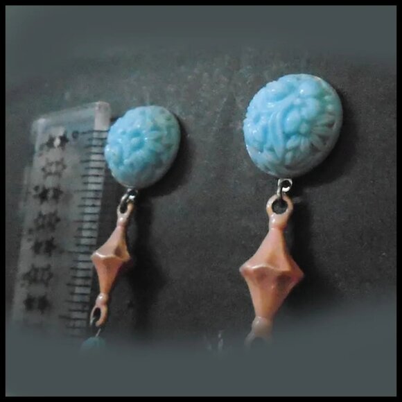Pink & Blue Dangle Earrings Made with Vintage - One of a Kind - Picture 5 of 9